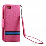 Wholesale Apple iPhone 5 5S Cloth Flip Leather Wallet TPU Case with Strap and Stand (Hot Pink)